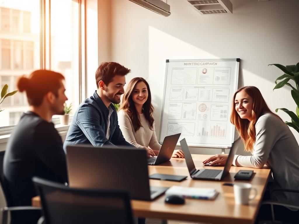 The DeckGrowth team collaborating on ad campaigns in the office