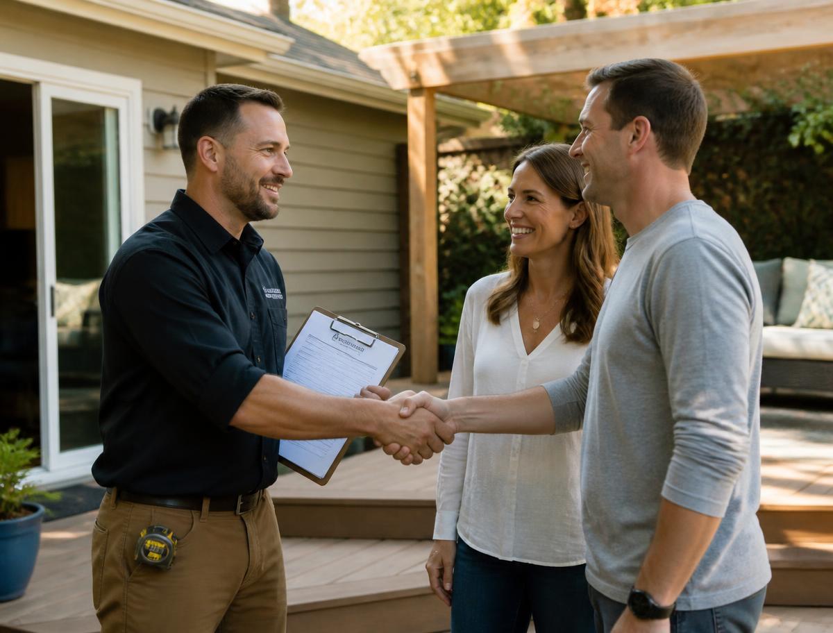 Deck contractor shaking hands with homeowners after an in-home estimate